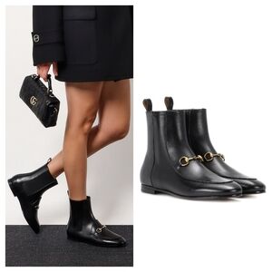 Gucci Size 37.5 Jordaan Horsebit Black Leather Ankle Boots Booties